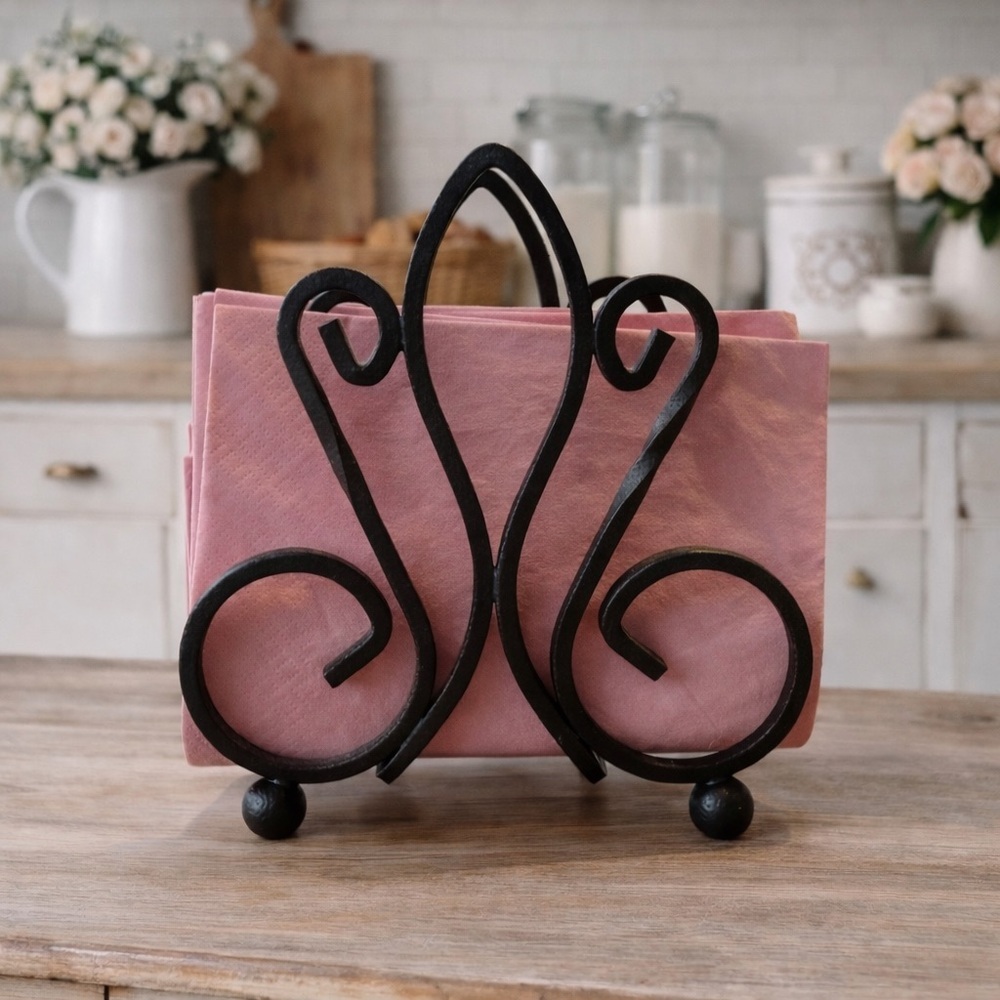 Wrought Iron Napkin Holder Hammered Bronze Scroll Steel Plate Display Stand
